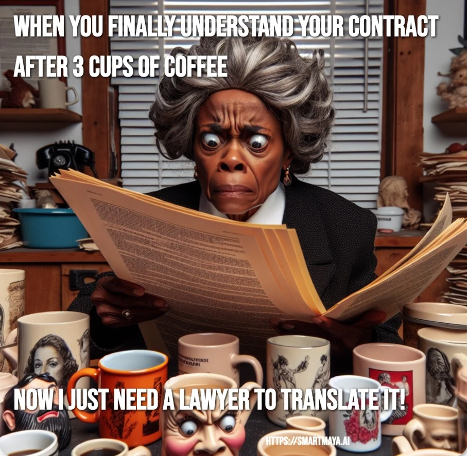 Professional business meme example showing someone reading a contract with coffee cups